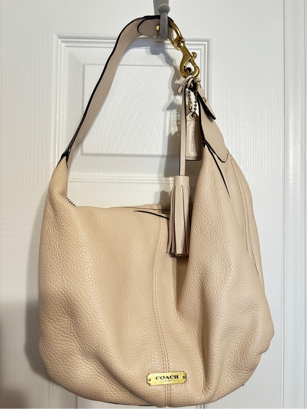 Coach Pebbled Leather Hobo in Light Beige with Gold Hardware
